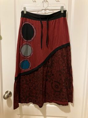 Asymmetrical Burgundy Patchwork Maxi Skirt with Black Trim